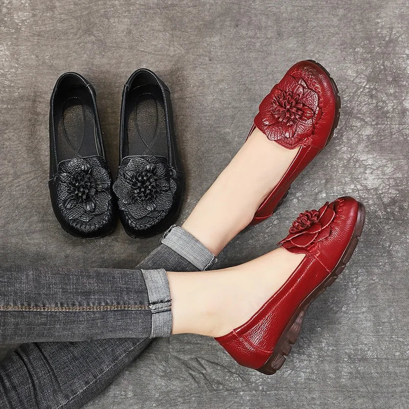 Women Concise Flower Flats Black Shoes Spring Flats Female Genuine Leather Shoes 2020 Superstar Oxfrod Shoes Women Loafer