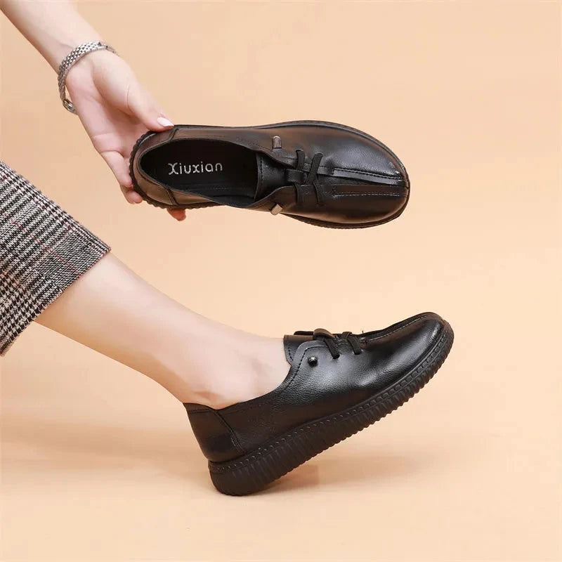 Lace Up Flats Women's Oxfords Comfy Leather Shoes Female Designer Loafers Woman Black Slip Ons Ladies Driving Shoes Retro Loafer