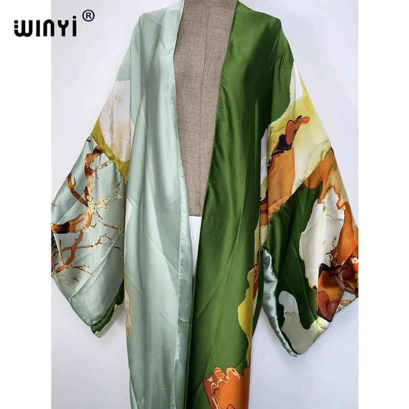 Kimonos verano Women sukienka Print Long Sleeve Cardigan Female Blouse Loose Casual beach Cover Up boho dress party kaftan