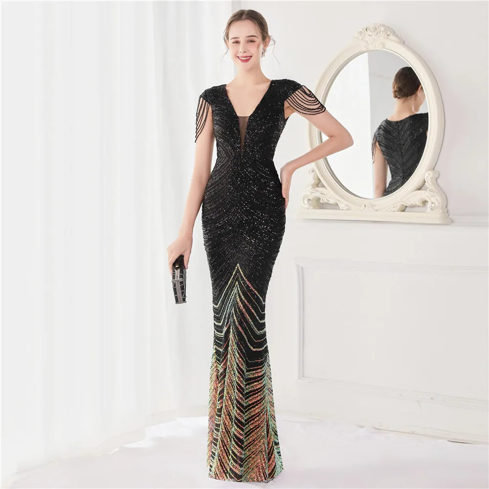 DEERVEADO Elegant V Neck Mermaid Evening Dress Long Luxury Beads Women Evening Party Dresses 2023 New Formal Dress 19085