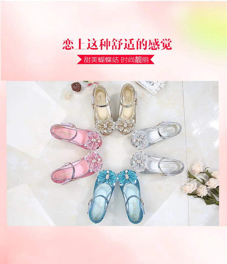 Princess Butterfly Leather Shoes Kids Diamond Bowknot High Heel Children Girl Dance Glitter Shoes Fashion Girls Party Dance Shoe