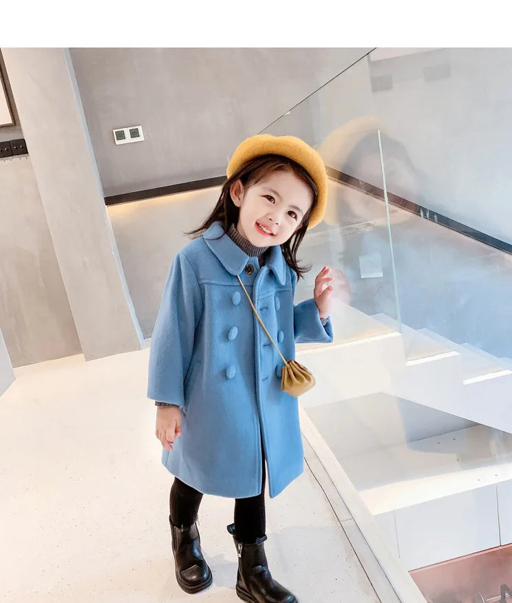 Double Breasted Girls Woolen Coats Autumn Winter Trench Jacket Coat 2-6Yrs Children Clothes For Kids Outerwear Birthday Present