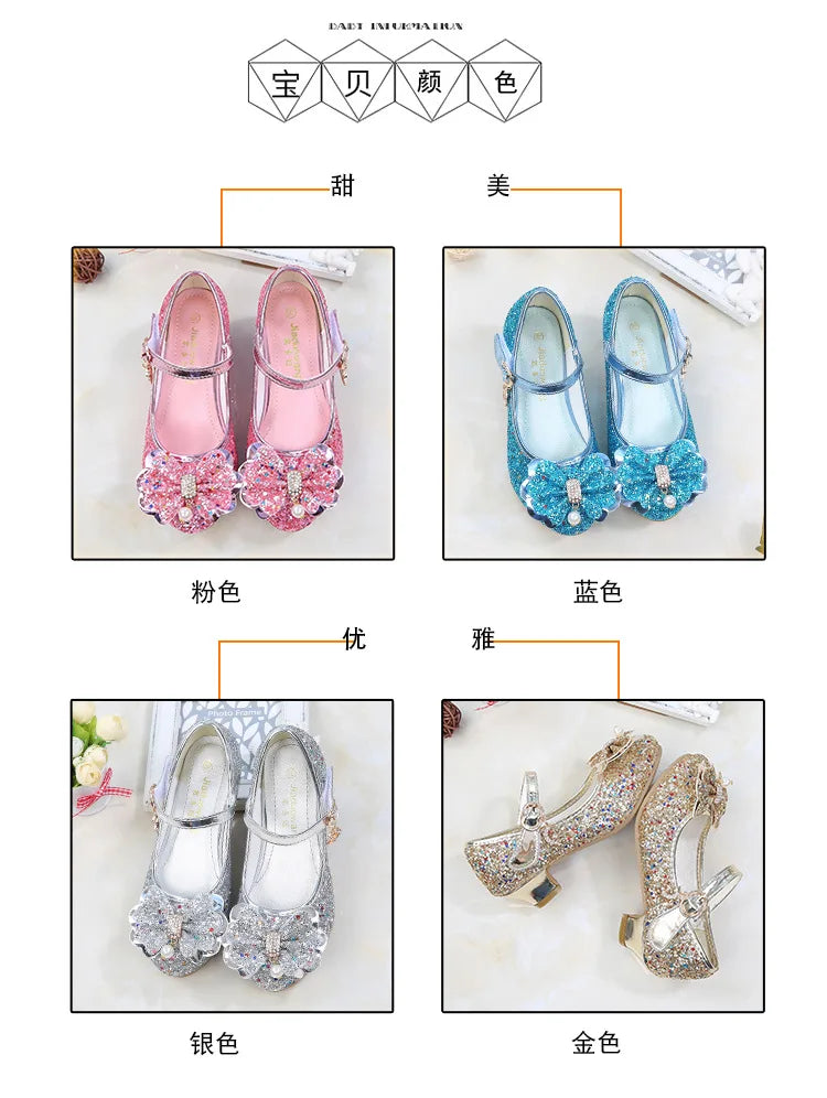 Princess Butterfly Leather Shoes Kids Diamond Bowknot High Heel Children Girl Dance Glitter Shoes Fashion Girls Party Dance Shoe