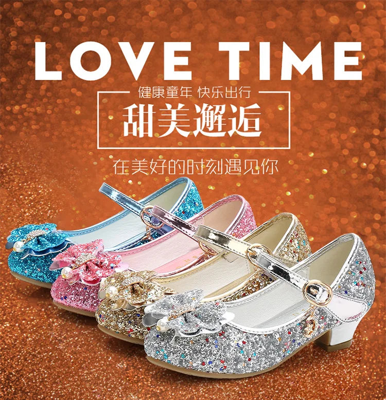 Princess Butterfly Leather Shoes Kids Diamond Bowknot High Heel Children Girl Dance Glitter Shoes Fashion Girls Party Dance Shoe