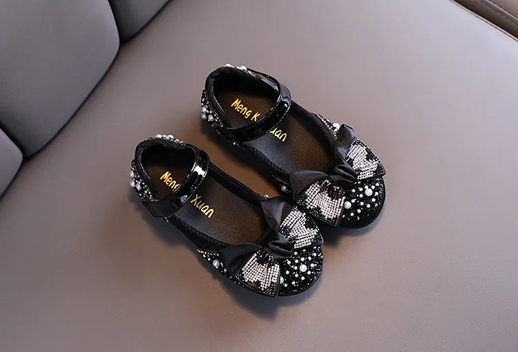 New Children Leather Shoes Rhinestone Bow Princess Girls Party Dance Shoes Baby Student Flats Kids Performance Shoes D785