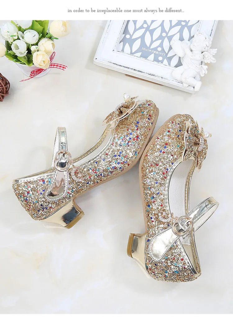 Princess Butterfly Leather Shoes Kids Diamond Bowknot High Heel Children Girl Dance Glitter Shoes Fashion Girls Party Dance Shoe