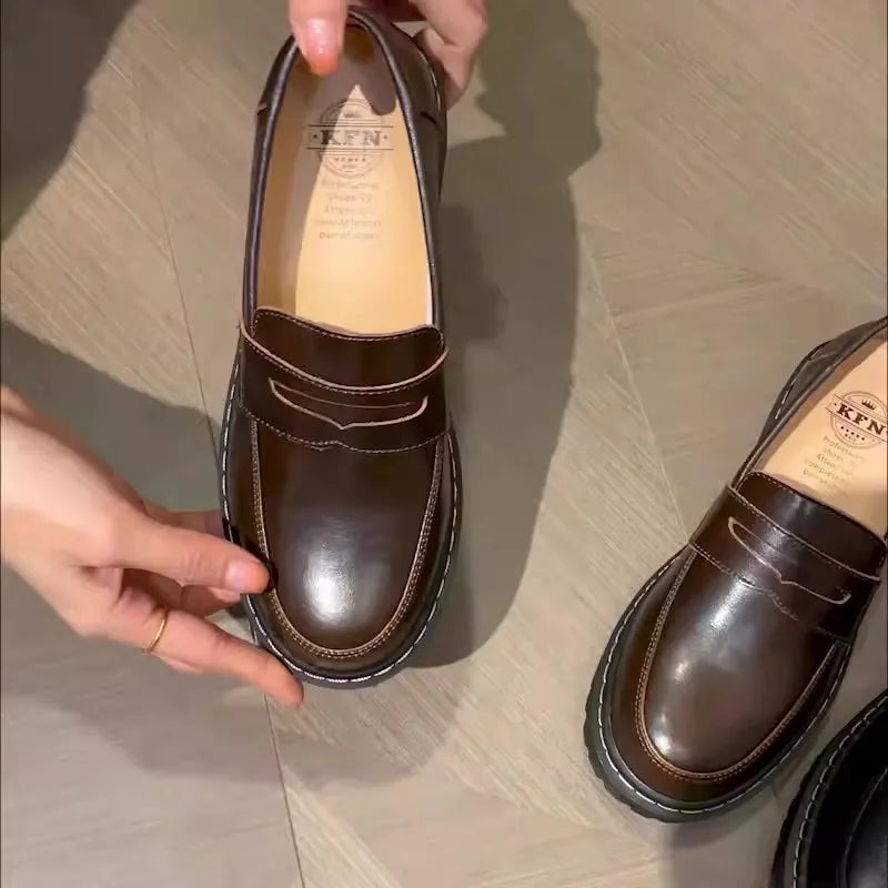 34-40 Women Oxfords Women's Shoes Ladies Leather Female Round Toe Sewing Retro Comfortable Footwear Lolita Shoe Brown