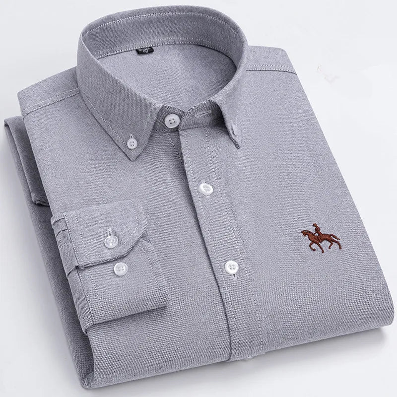 2024 100% Cotton Oxford Man Leisure Embroidered Horse Shirts Streetwear Oversized Men Shirt Floral Long Sleeve Casual Plus Size