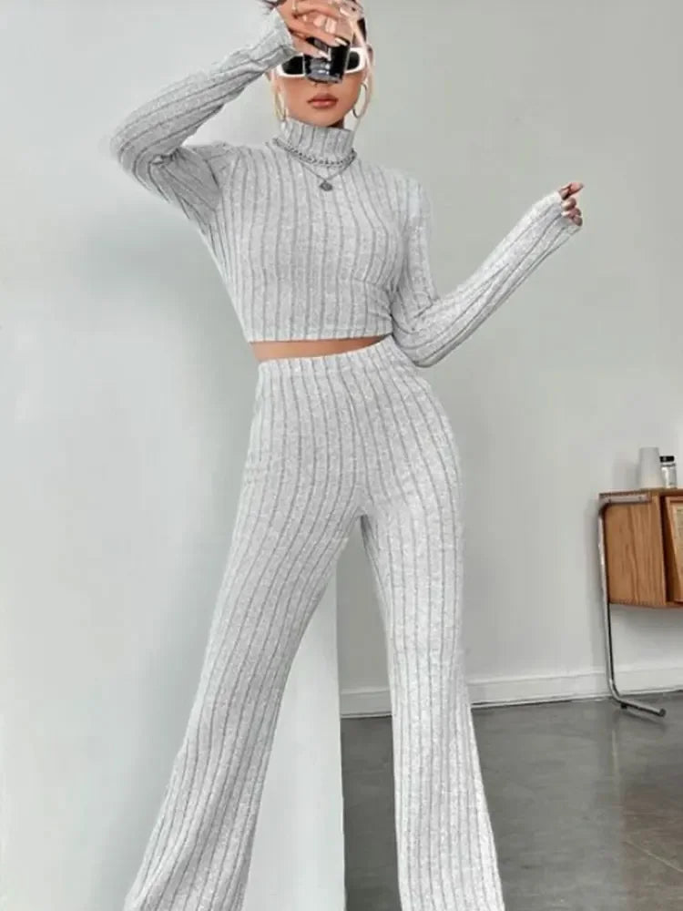 Women Fashion Solid Color Streetwear Autumn Winter Elegant Round Neck Tops Loose Pants Suit Casual Holiday Sport Two Piece Sets