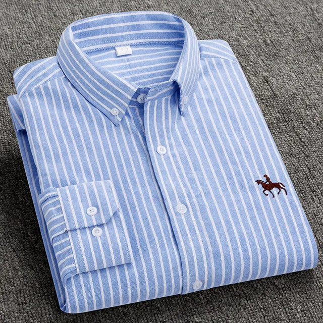 S-6XL Oxford Shirts for Men Long Sleeve Pure Cotton Solid Stripe Leisure Embroidered Horse Streetwear Business Plain Office 6XL