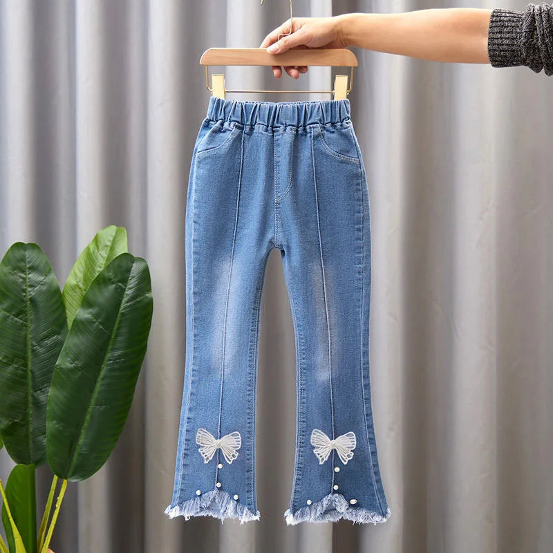 2024 New Autumn Elastic Kids Jeans Girls Cute Leisure Bow Denim Blue Children Flared Pants teenage Girl Clothes Trousers 3-12Y