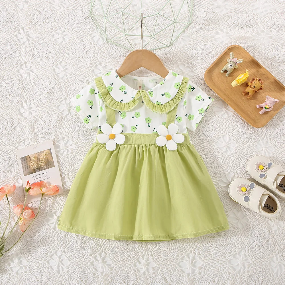 (0-3 Years Old) Summer Baby Girl Cotton Flower Fake Two-Piece Shoulder Strap Dress Girl Cute Short Sleeved Dress