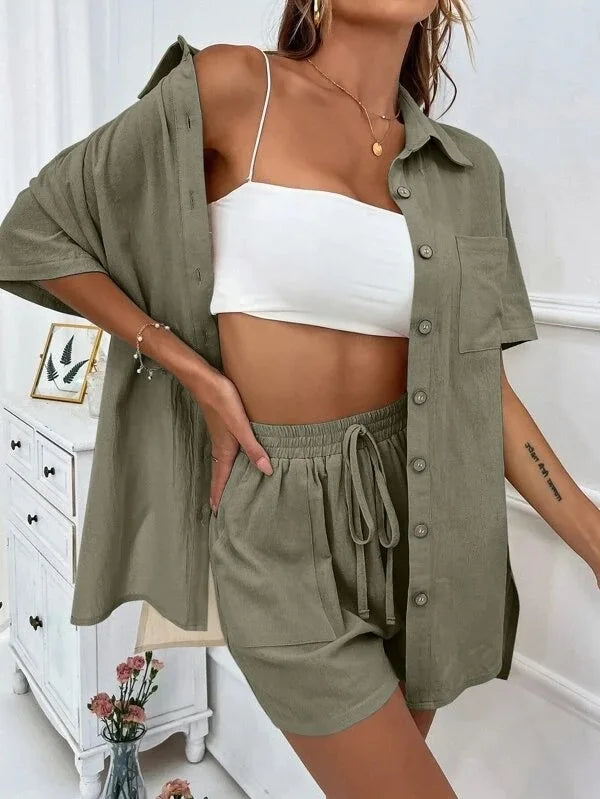 Long Sleeve Single breasted Top Broad legged Shorts Set Fashion Ladies Sexy Solid Suits 2023 Summer 2 Piece Outfits For Women