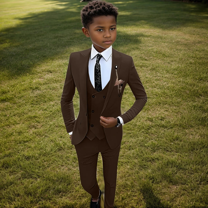 Fashionable Brown Shawl Neck Children Tuxedo Set 3-14Y Elegant One Button Boys Suit 4 Pieces For Wedding Party Guest