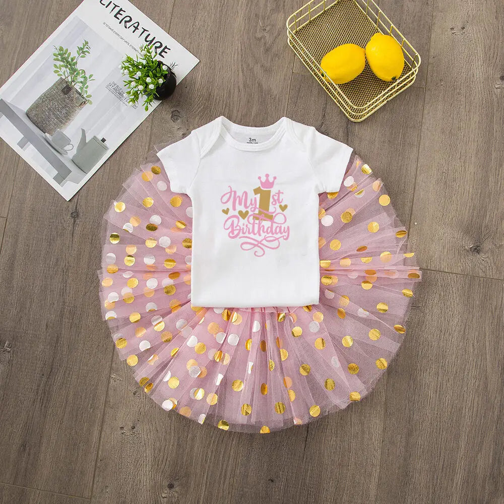 My 1st Birthday Baby Girl Birthday Dress + Bodysuit Set Pink Tutu Cake Dresses + Romper Outfits Girls Summer Clothes Jumpsuit