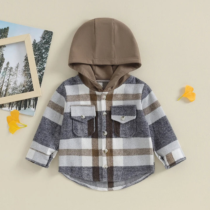 Lioraitiin Toddler Girl Boy Flannel Plaid Jacket Baby Long Sleeve Button Down Hooded Shirt Buffalo Shacket  Fall Winter Clothes