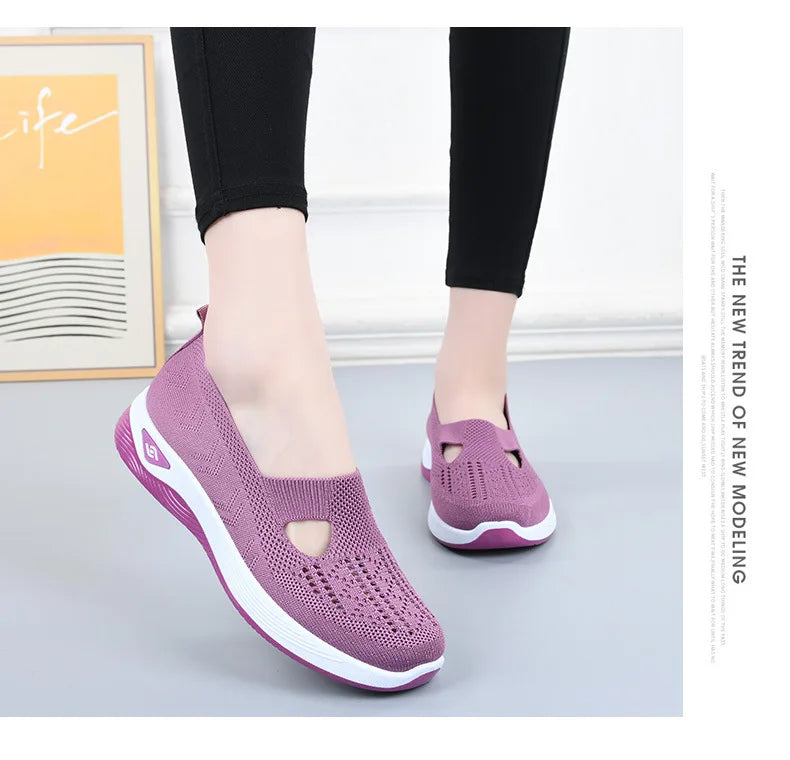 Women's New Summer Shoes Mesh Breathable Sneakers Light Slip on Flat Platform Casual Shoes Ladies Anti-slip Walking Woven Shoes