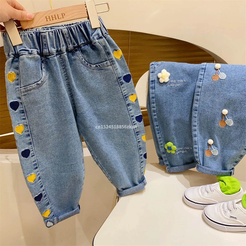 Ambroidered Flower Girl Jeans Baby Boy Kids Jeans Girl Pants Daduhey Wide Leg Pants Harem Trousers Clothes Bottoms