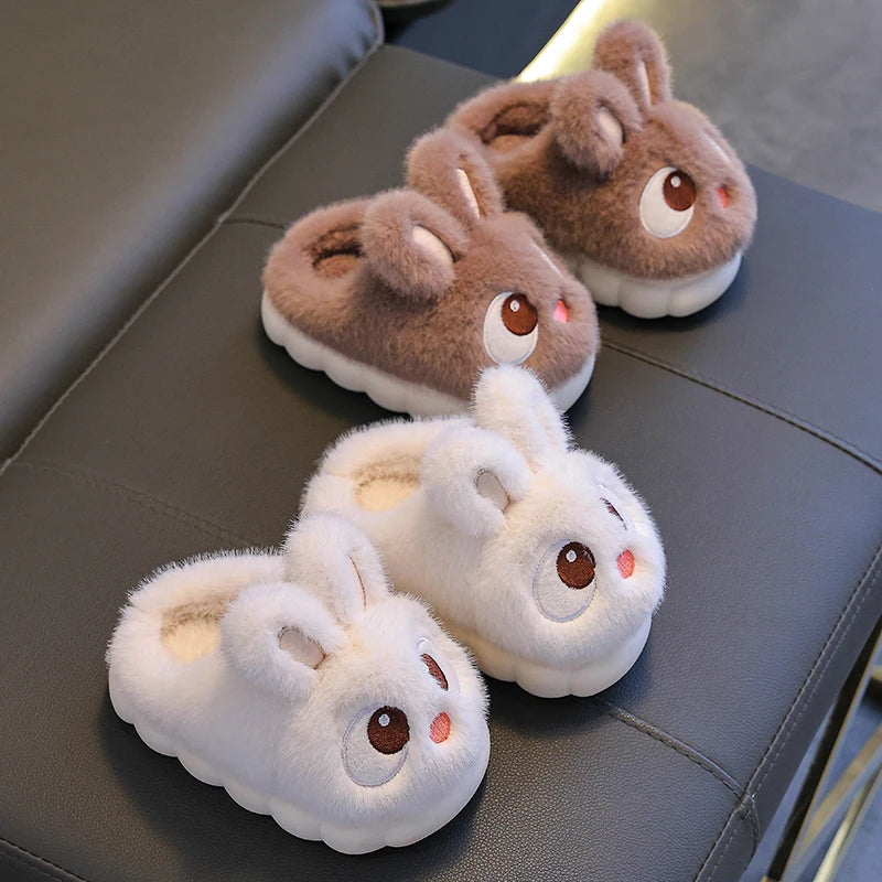 New Winter Cute Big eyed Rabbit Children's Waterproof Warm Non-slip Fluffy Slippers For Girls Boys Kids Indoor Home Cotton Shoes