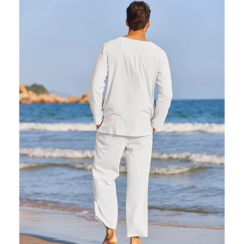 Men s Summer Cotton Linen Clothes Solid Color Long Sleeve Henley Shirt Elastic Waist Drawstring Pants 2 Pieces Loungewear Set