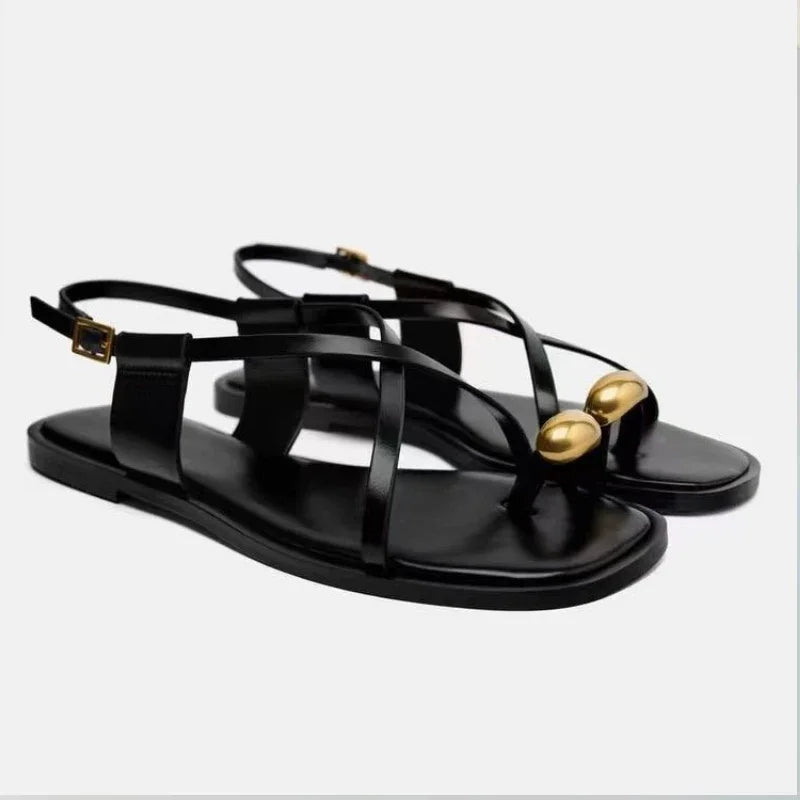 Summer Flat Sandals for Woman Fashion Metal Decoration Ladies Footwear Breathable Cross Strap Casual Clip Toe Beach Shoes