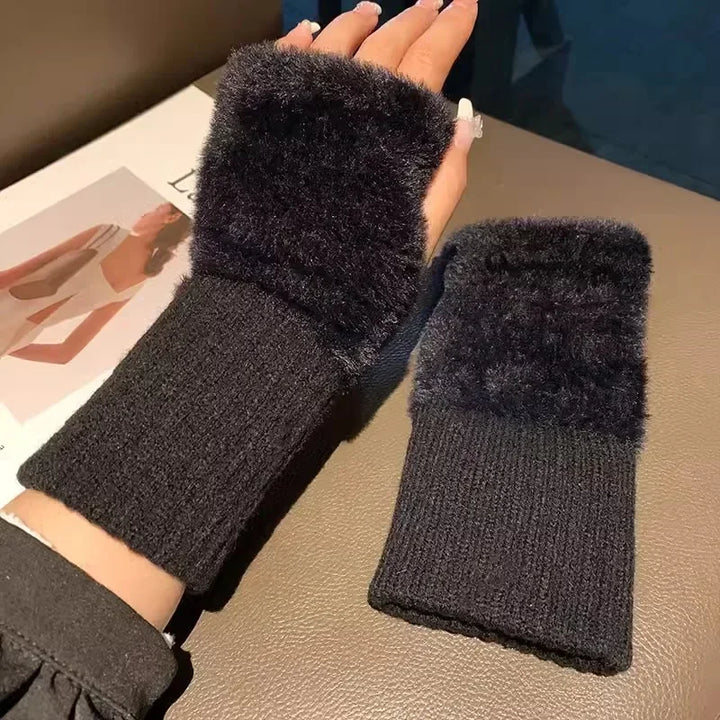 Women's soft mink wool middle finger gloves, solid black plush knitted wrist gloves, luxurious warmth, no fingers, writing, wint