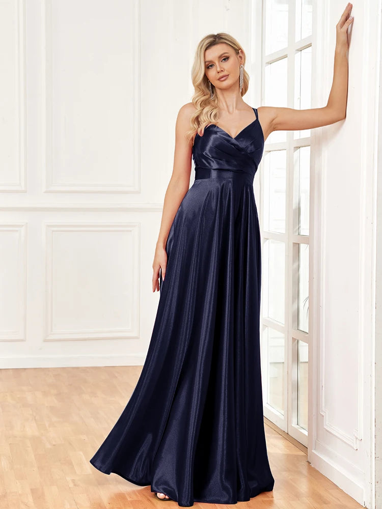 XUIBOL Luxury V-Neck Satin Suspenders Evening Dress Long 2024 Elegant Blue Bridesmaid Party Prom Sexy Backless Cocktail Dress