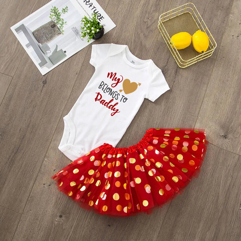 Mommy and Daddy Little Valentine's Day Printed Baby Bodysuit Dress Set Infant Valentine Party Girls  Holiday Romper Tutu Skirt