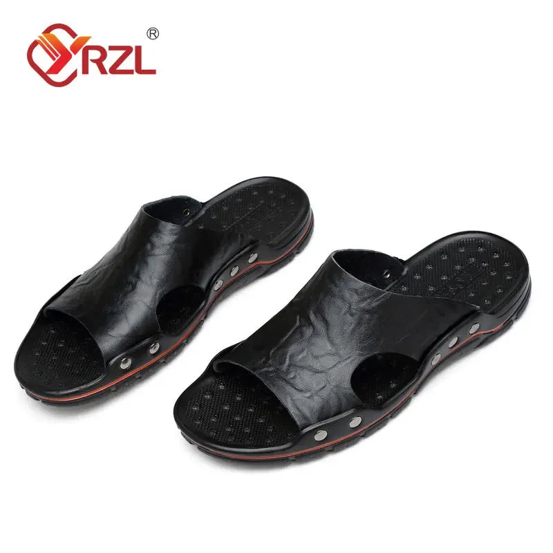 YRZL Sandals Mens Leather Classic Summer Men Slippers Soft Black Slippers PU Leather Slippers Lightweight EVA Slides for Men