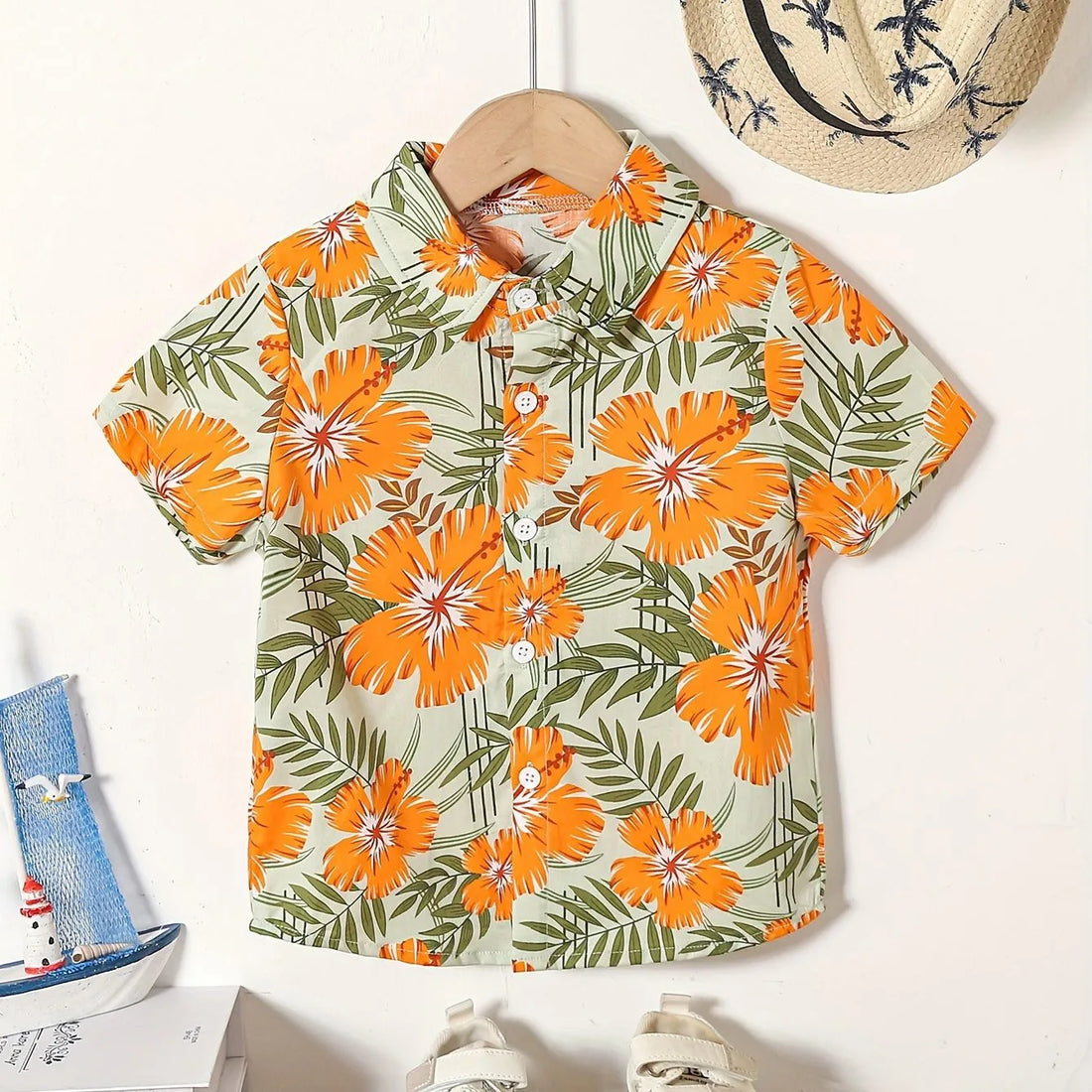 Boys Summer Holiday Hawaiian Party Style Floral And Leaf Full Print Kids Short Sleeve Lapel Shirt Children Summer Tops