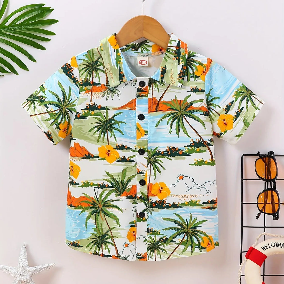 Casual Shirt Boy Beach Tropical Leaves and Coconut Tree Print Shirt Top Boys Creative Short Sleeve Shirt Lapel Tops Boys Clothes