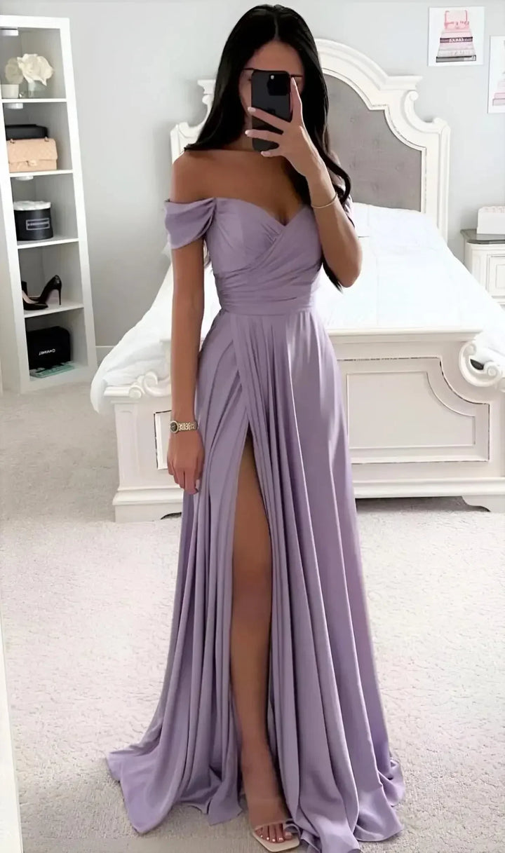 GDYBAO Women's Off The Shoulder Bridesmaid Dresses for Wedding Slit Long Pleated Satin Prom Dress Customized A-Line Evening Gown