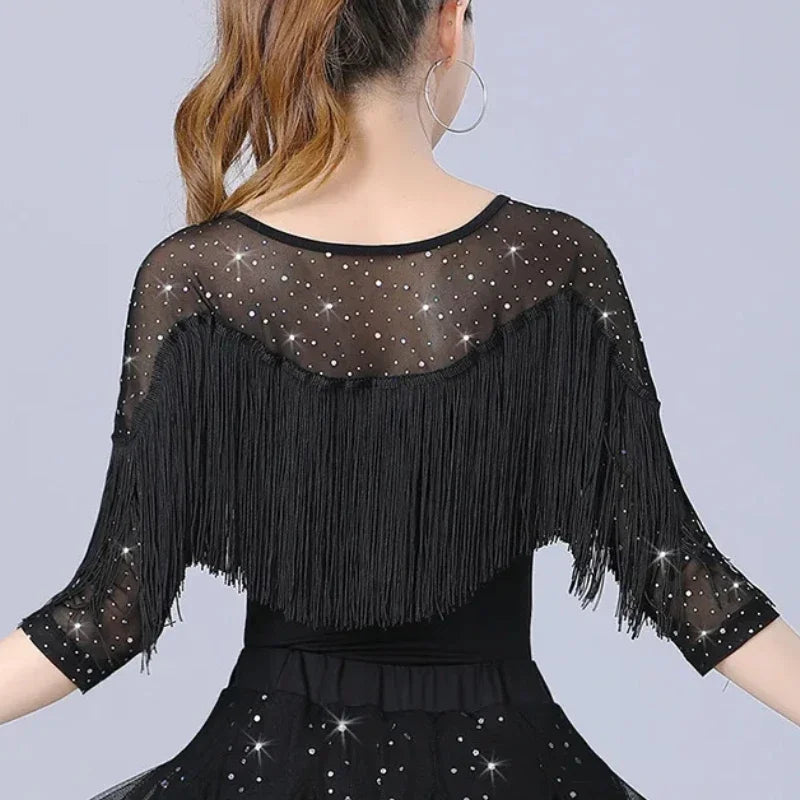 Women's Latin Dance Costume Glitter Sequin Tassels Modern Dance Practice Performance  Tops Tango Jazz Waltz Ballroom Dancewear