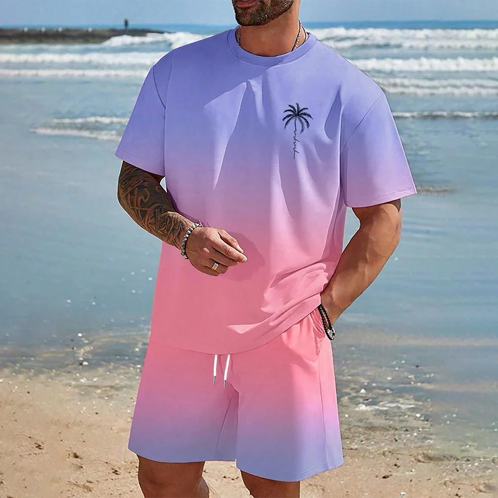 Hawaiian Set European And American Trendy Beach Short Sleeved Shirt Men S Dopamine Beach Casual Shorts Set Soft And Comfortable