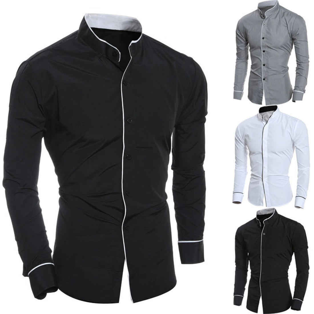 Spring and autumn men's long-sleeved solid color shirt, stand-up collar comfortable button-down fashionable slim shirt