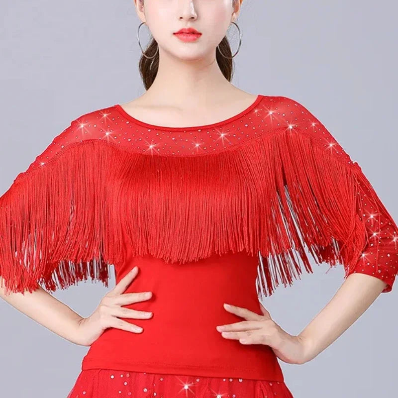 Women's Latin Dance Costume Glitter Sequin Tassels Modern Dance Practice Performance  Tops Tango Jazz Waltz Ballroom Dancewear