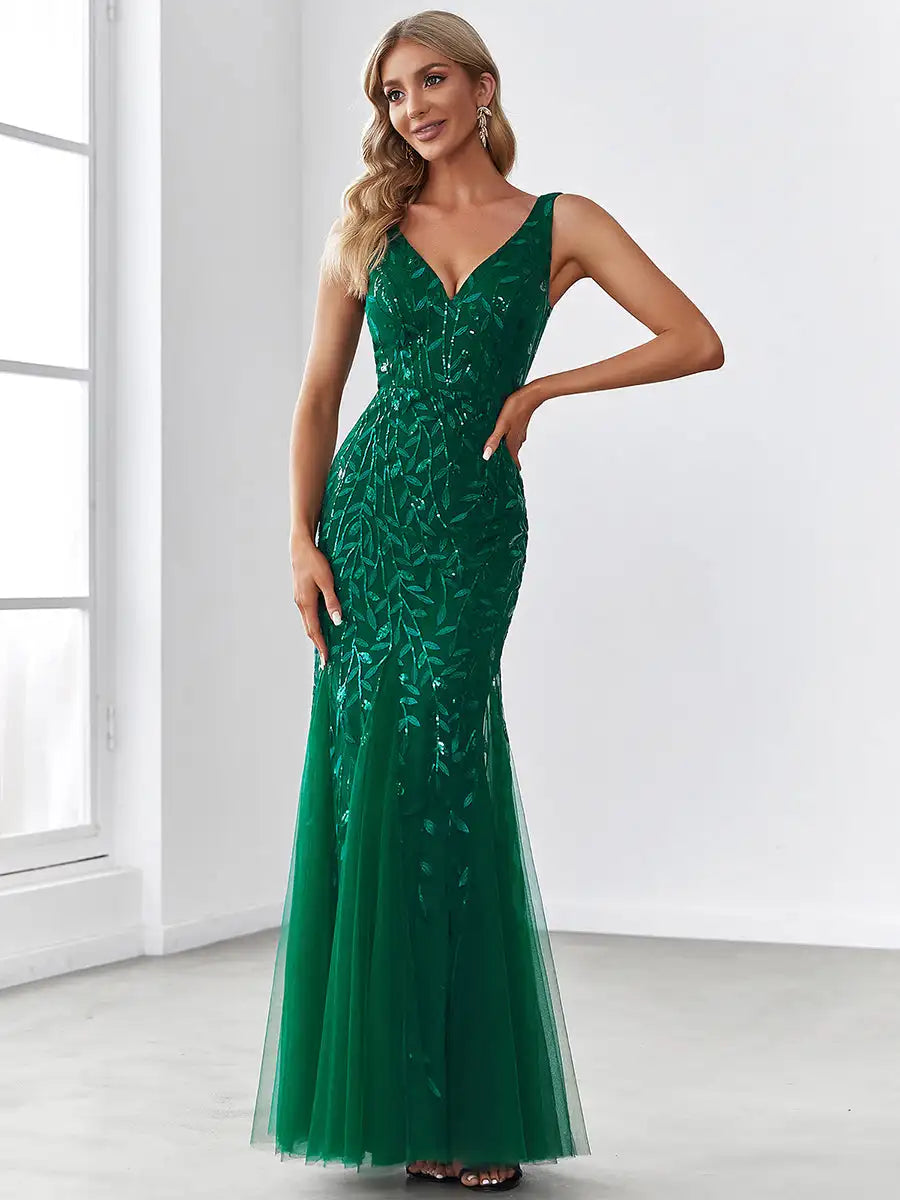 Elegant Evening Dresses Mermaid Sleeveless Double V-Neck Sequin 2025 Ever Pretty of Sexy White Bridesmaid dresses