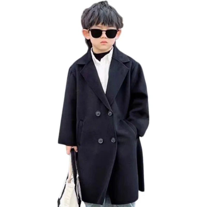 Boys Woolen Coat Overcoat Jacket Windbreak 2024 Black Warm Plus Thicken Autumn Winter Cotton School Children's Clothing