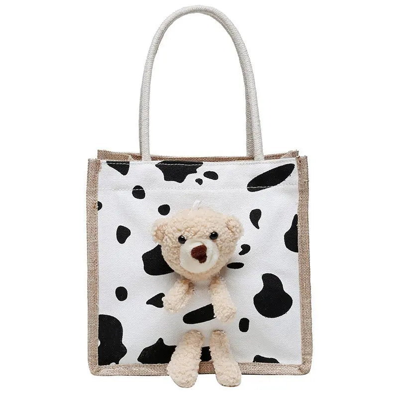 Girls Simple Cute Bear Handbag Ladies Fashion Commuter Canvas Bag Cubic Bear Decoration Canvas Material