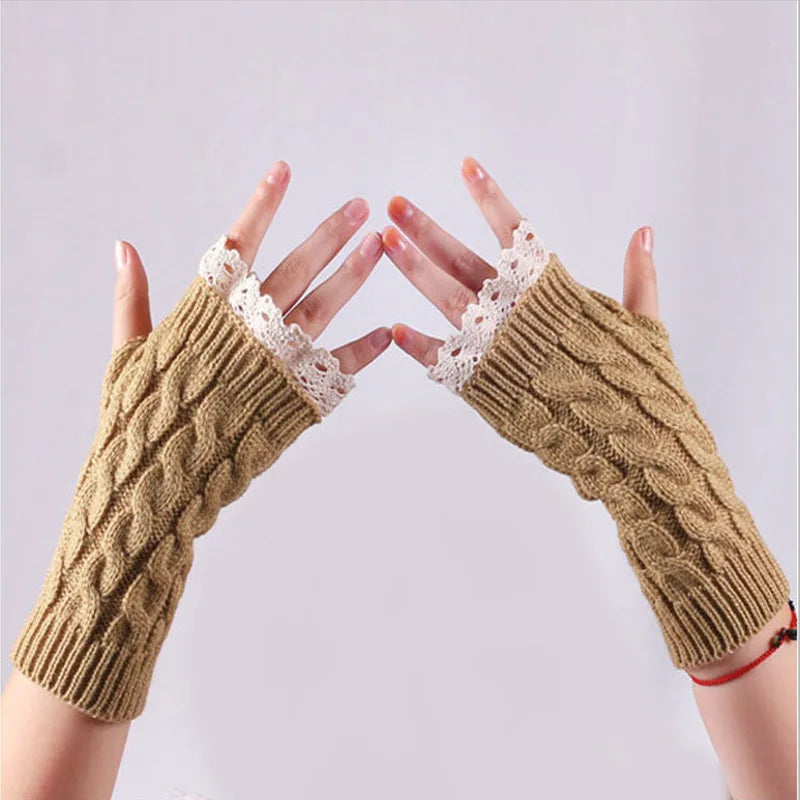 New Lace Fingerless Gloves Women's Gloves Winter Warm Cute Student Writing Typing Half Finger Acrylic Knitted Glove Mittens y2k