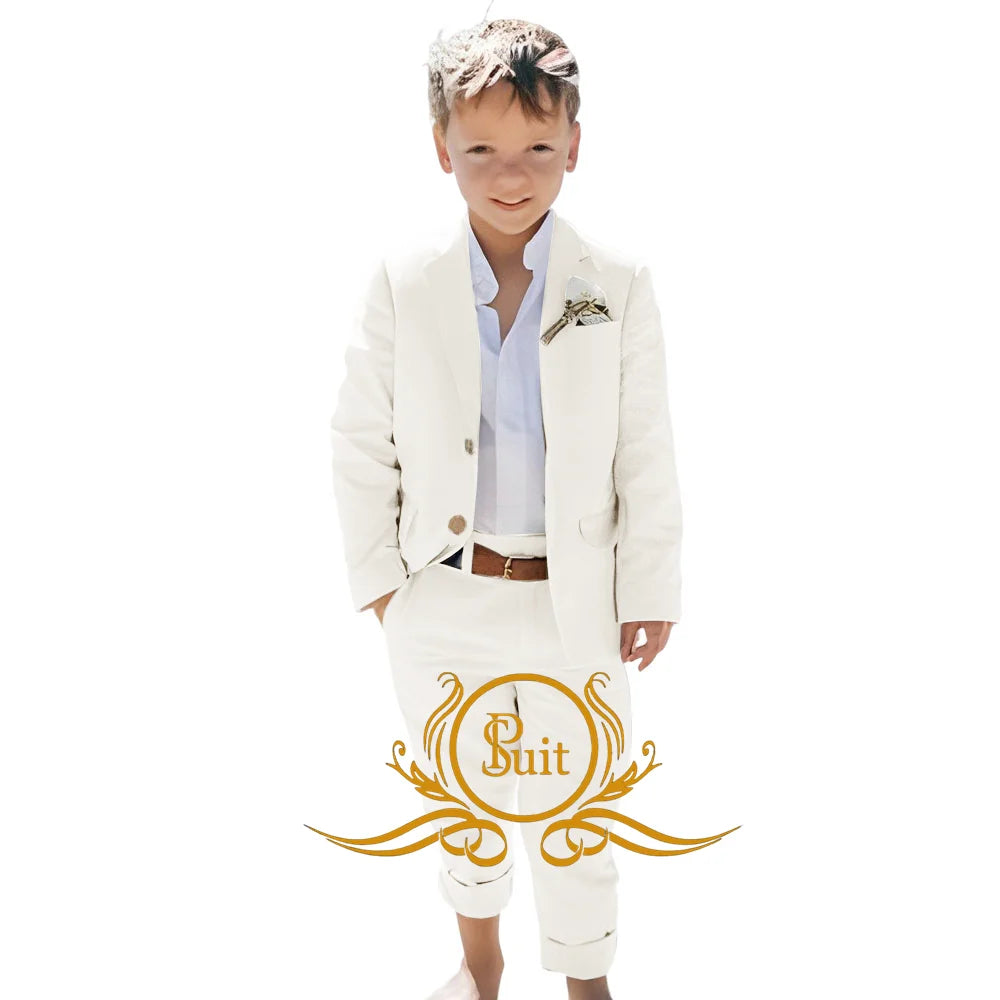 Solid Color Linen Suit Summer Beach Wedding Boy Suit Jacket Pants 2 Pieces Set Kids Linen Suit