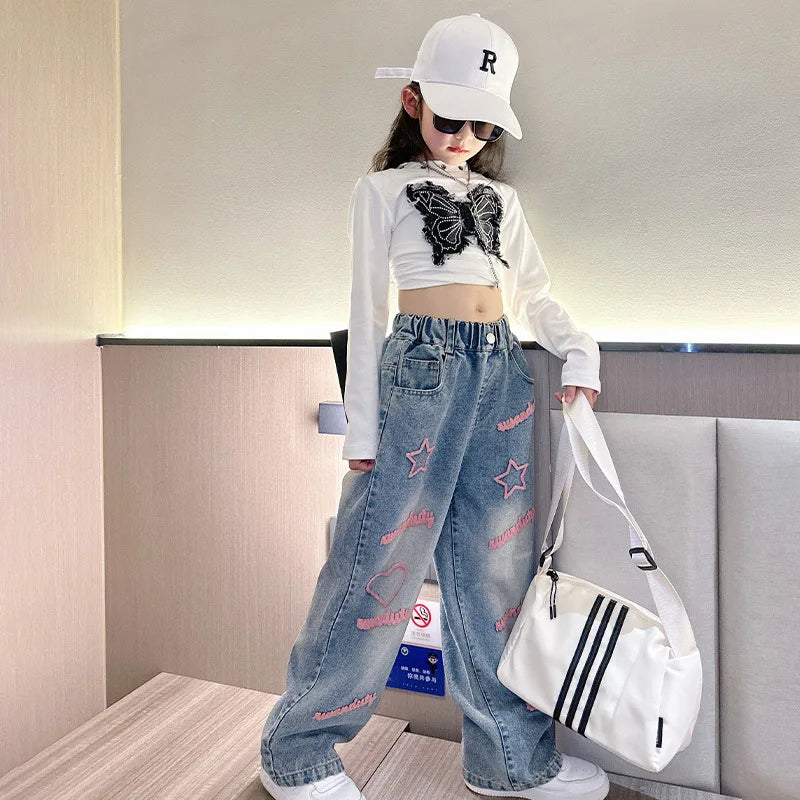 Girls School Wide Leg Pants with Heart Star Design Casual Loose 2024 Kids Fashion Long Jeans Children Korean Style Trousers