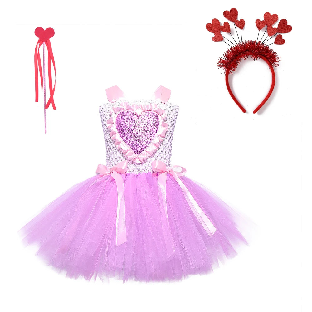 New Valentine's Day Girls Tutu Dress Princess Baby Birthday Cake Smash Tulle Dress Summer Love Heart Kids Carnival Party Dresses