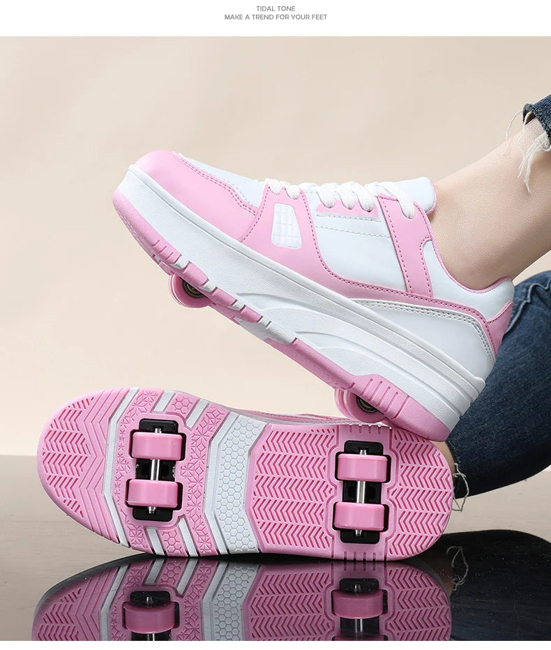 Four wheel roller shoes Boys girls walking shoes Casual outdoor sports slide and shrink school students pulleys shoes sneakers