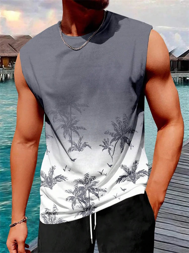 Stylish Men's Vacation Hawaiian Vest Gradient Coconut Print Casual Yacht Party Vest Plus Size Mens Resort Breathable T-Shirt Top