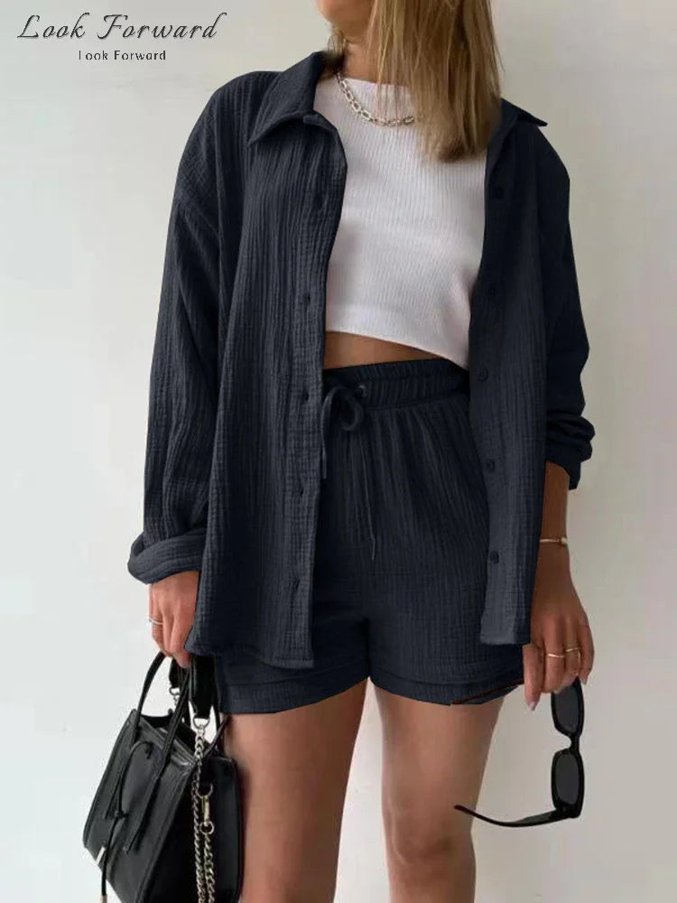 Casual Shirt Shorts Suit Women Lapel Oversize Top Lace Up Wide Leg Lady Pants Set Spring Single Breasted Full Sleeve Female