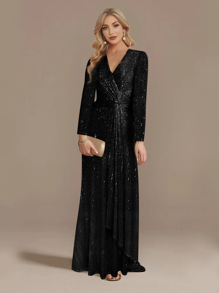 Lucyinlove Luxury Floor Length V-Neck Evening Dress 2024 Women Elegant Party Maxi Dress Sequin Long Sleeves Prom Cocktail Dress