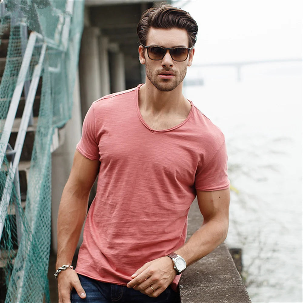 AIOPESON 100% Cotton Men T-shirt V-neck Fashion Design Slim Fit Soild T-shirts Male Tops Tees Short Sleeve T Shirt For Men