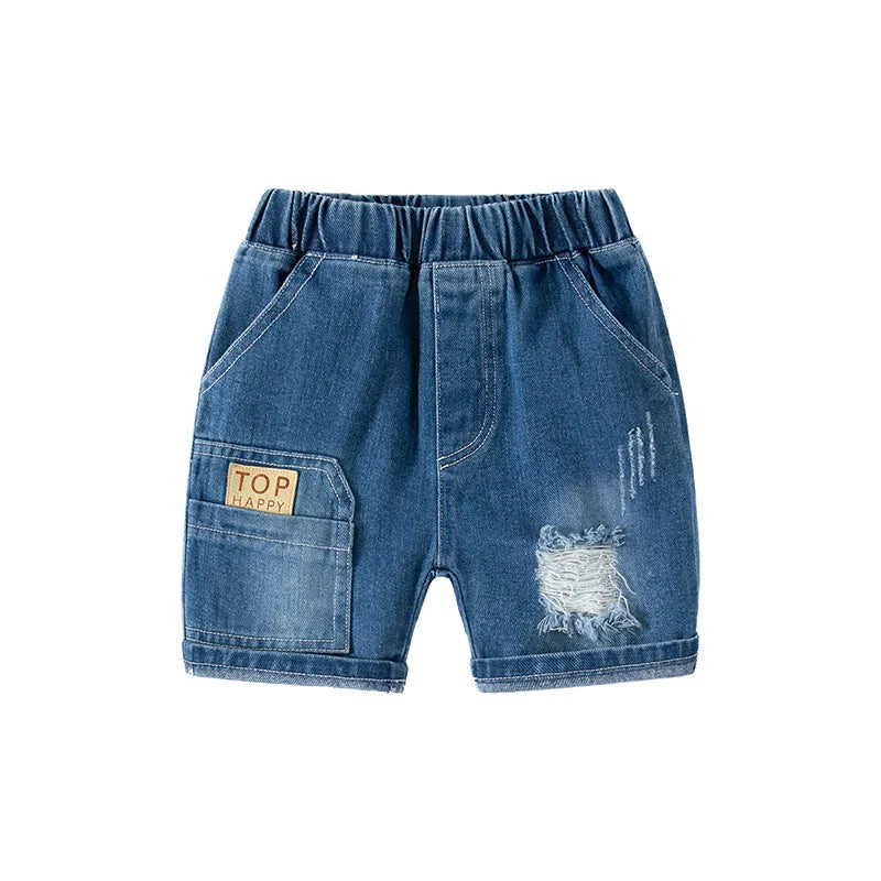 2025 Summer Boys Fashionable Ripped Jeans Children Casual Letter Shorts 2-8Years Kids Elastic Waistband Denim Shorts