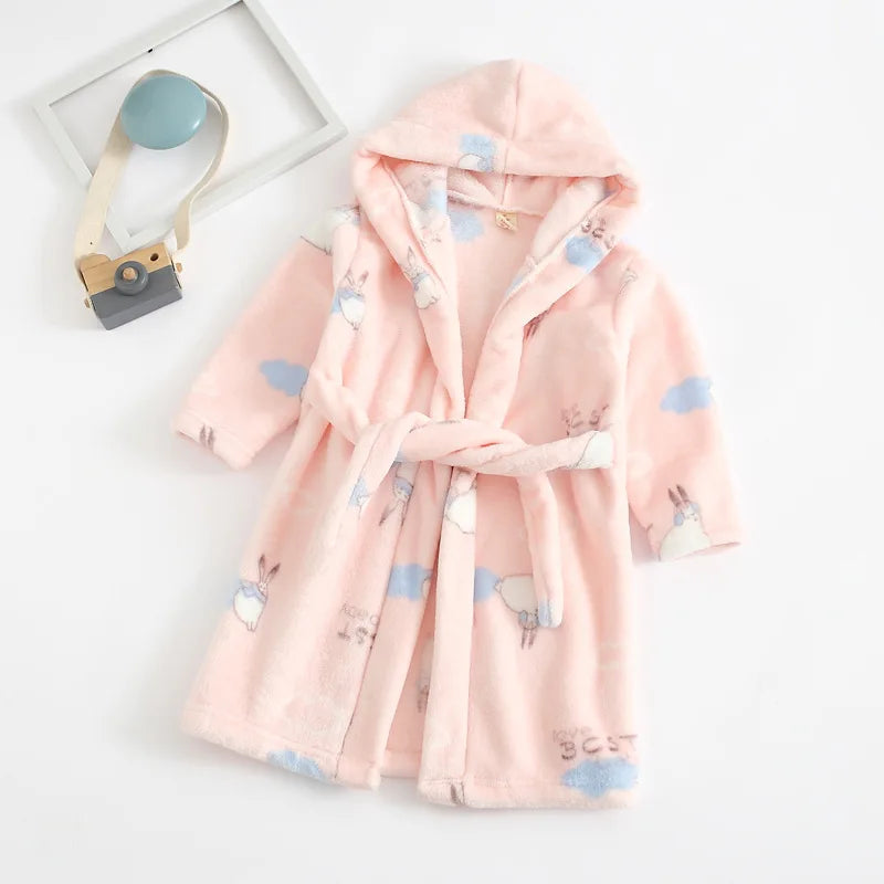 New Autumn Winter Kids Hooded Soft Flannel Bathrobe Baby Bath Robes Boys Girls Cute Cartoon Bear Pajamas Long Sleeve Towel Robe